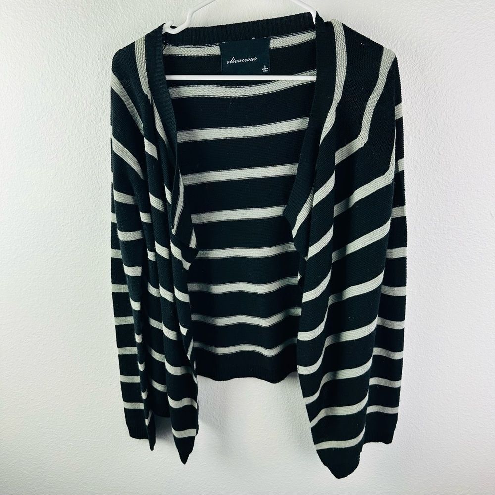 Olivaceous Wool Blend Black Gray Stripe Open Cardigan Size S
